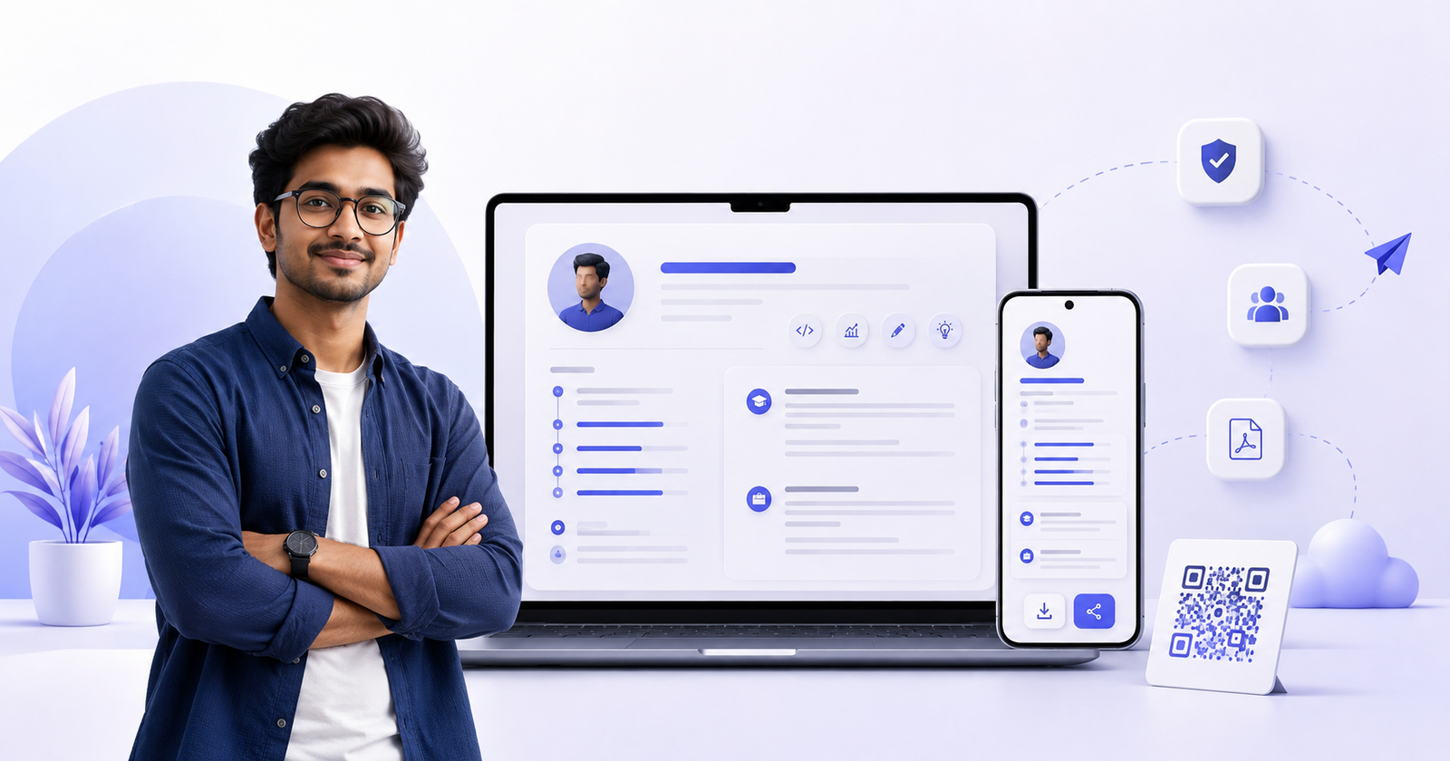 Young Indian professional presenting an online CV, mobile profile and QR CV card