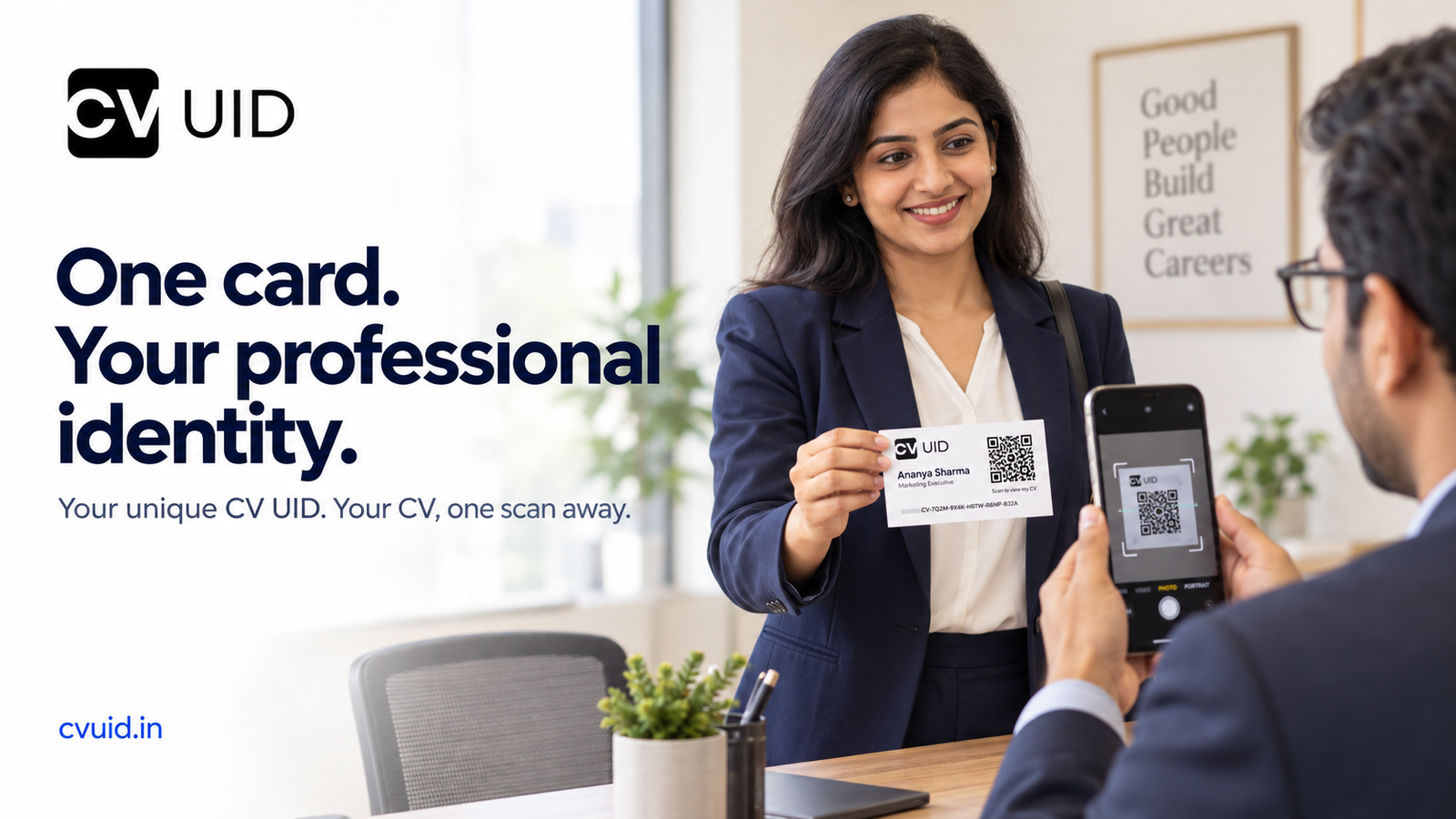 Candidate presenting her CV UID QR card to a recruiter who scans it during a job interview.