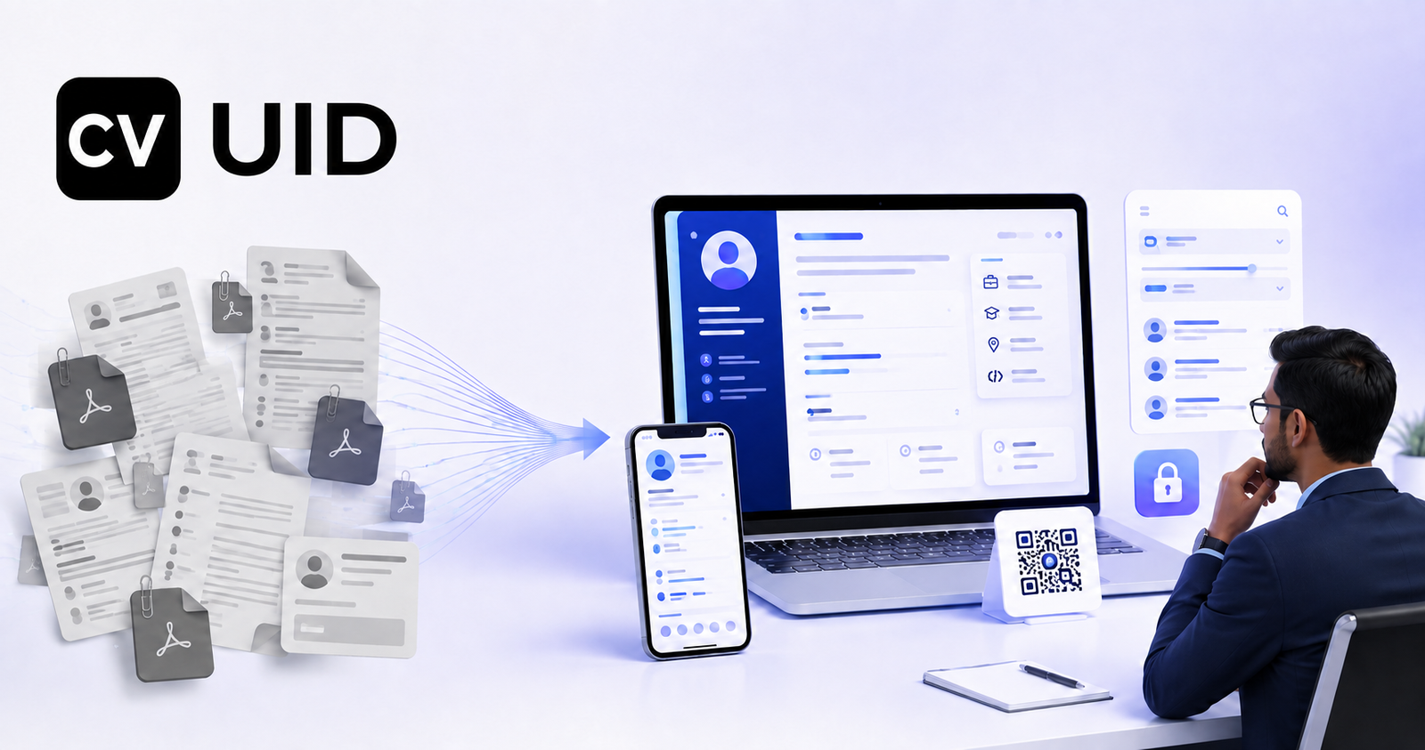Recruiter comparing scattered resume files with one structured CV UID profile, candidate search and QR card